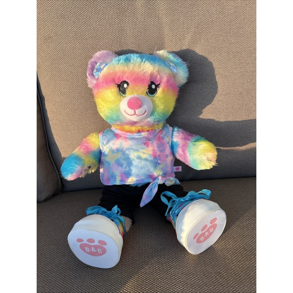 Build A Bear Rainbow Stripe Sparkle Bear 16" Plush Sneakers Workout Wear